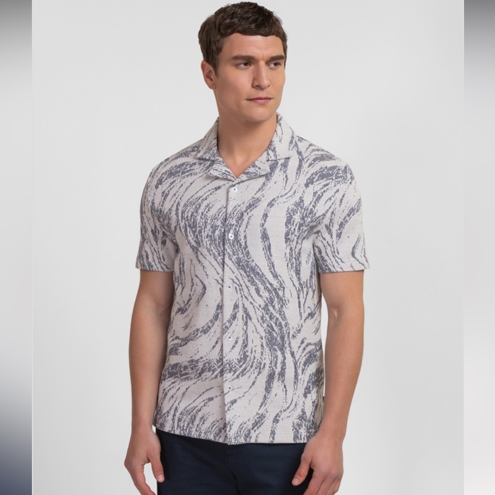 Steel & Jelly Men’s Pinner Wave Effect Short Sleeve Blue Shirt Sz Medium